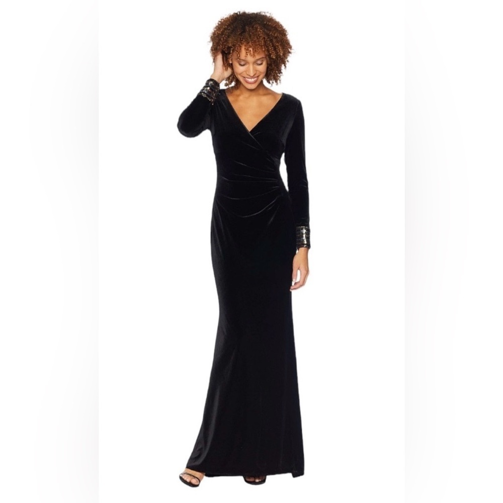 Vince Camuto Velvet Sequin Cuff Long Sleeve Gown